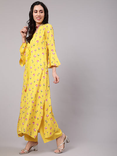 Yellow Lotus Print Co Ord Set with Jacket