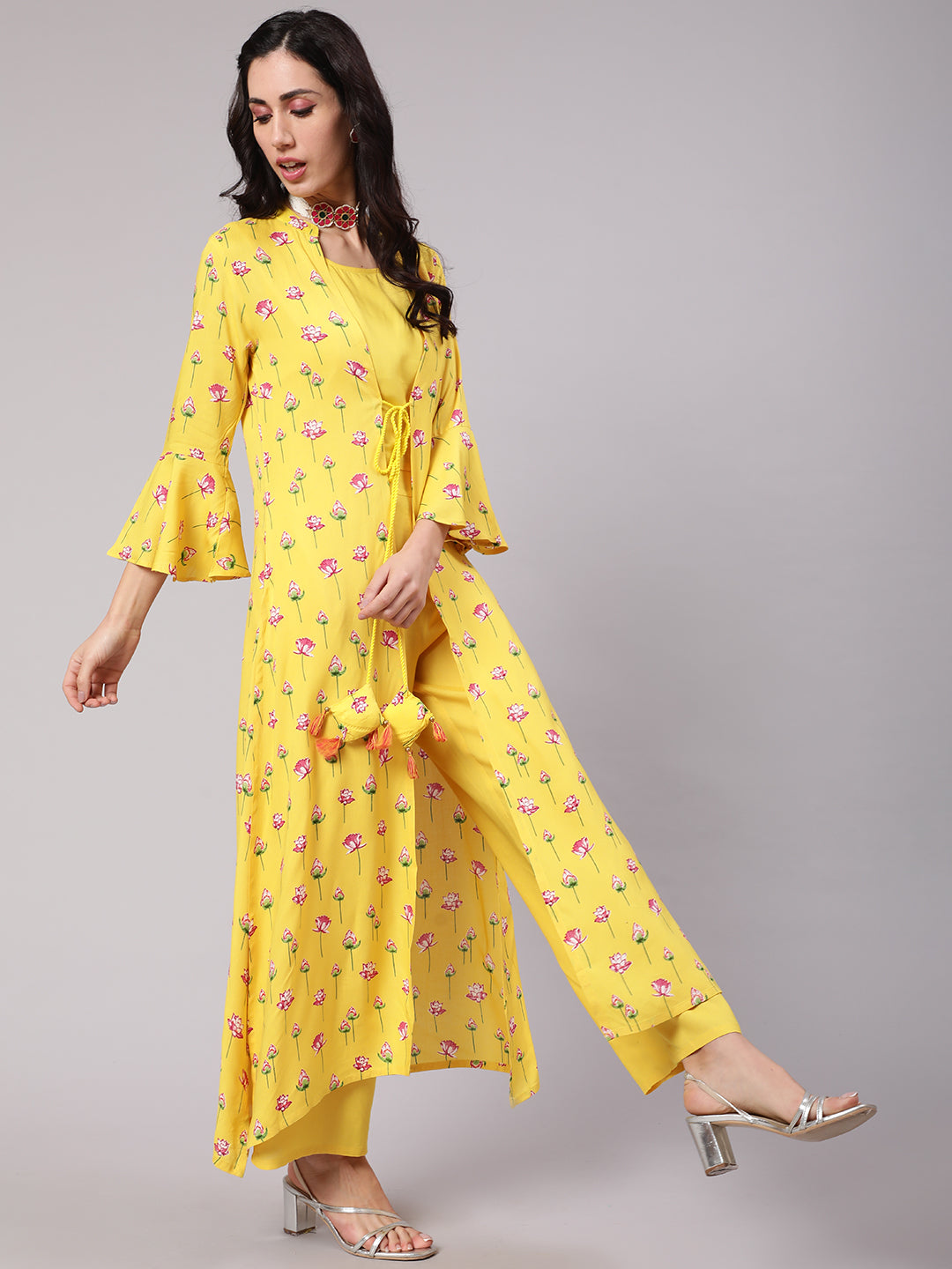 Yellow Lotus Print Co Ord Set with Jacket