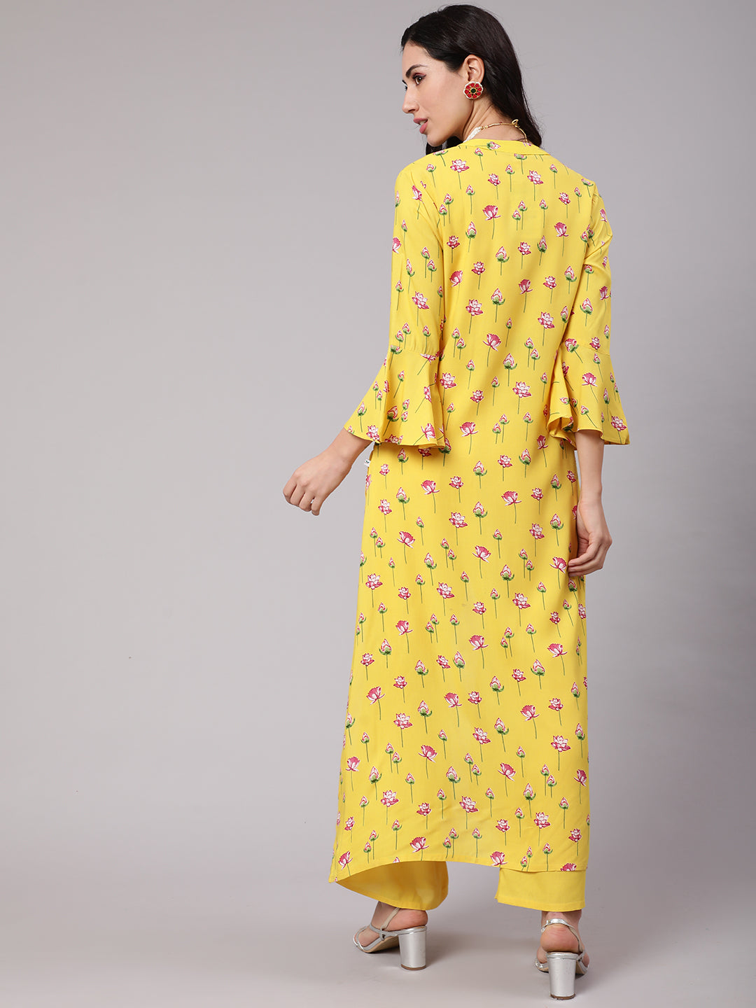 Yellow Lotus Print Co Ord Set with Jacket