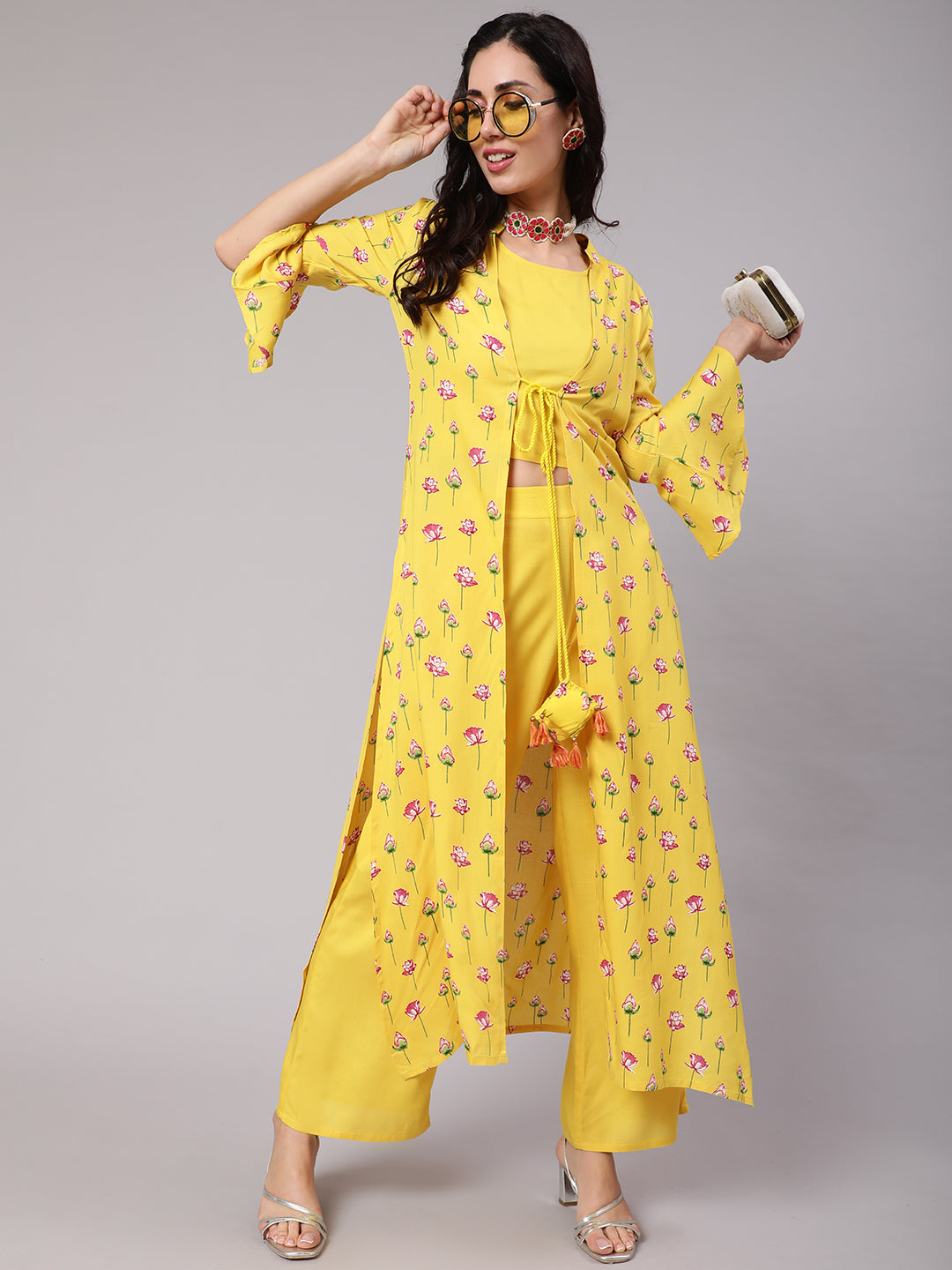 Yellow Lotus Print Co Ord Set with Jacket