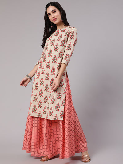 Cream & Peach Printed Kurta With Skirt