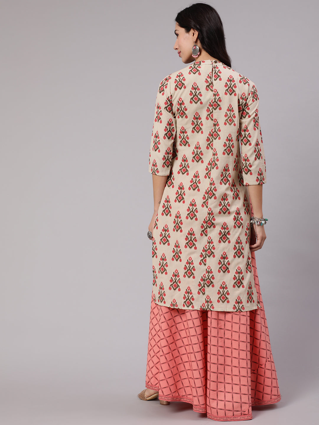 Cream & Peach Printed Kurta With Skirt