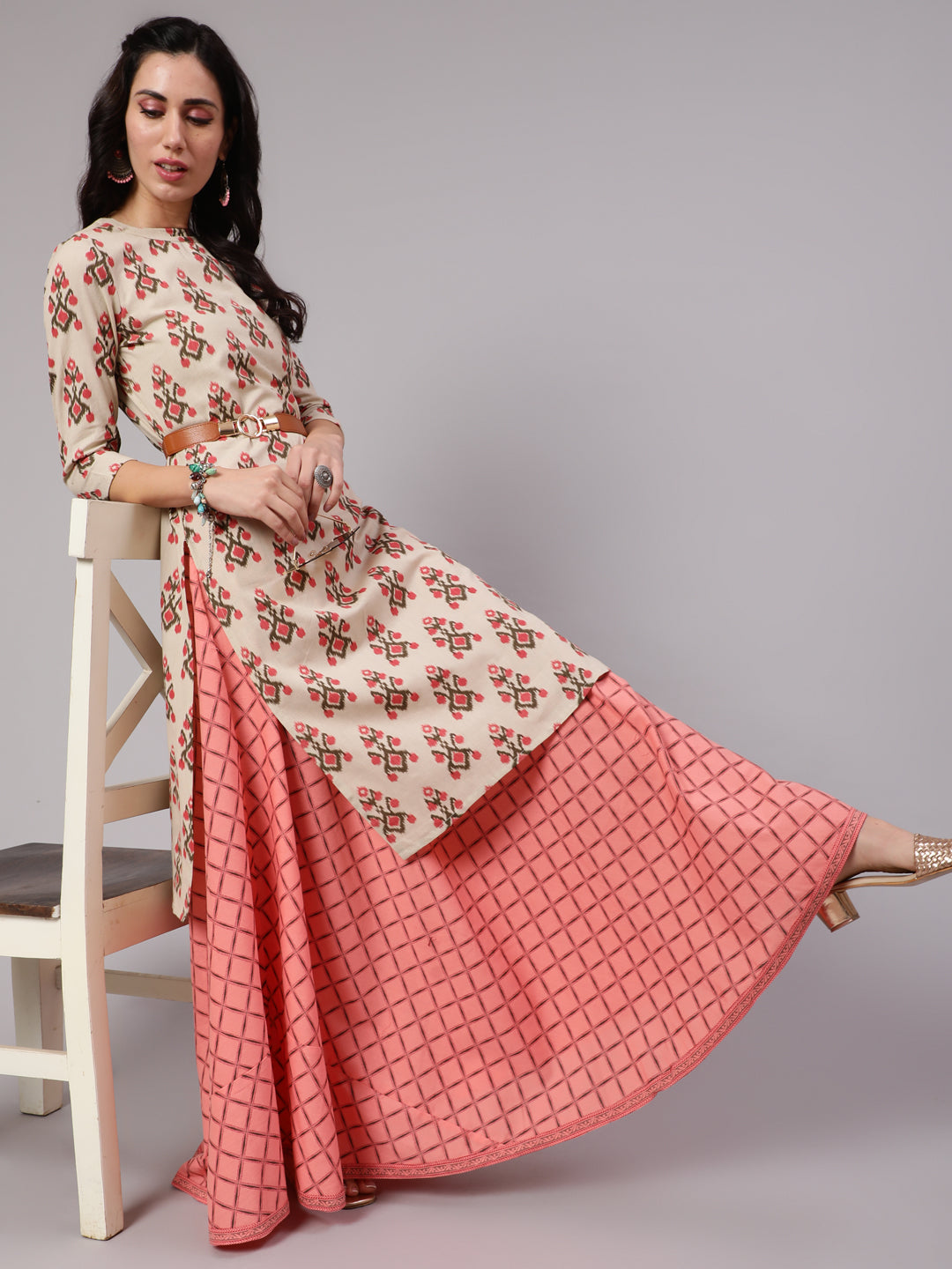 Cream & Peach Printed Kurta With Skirt