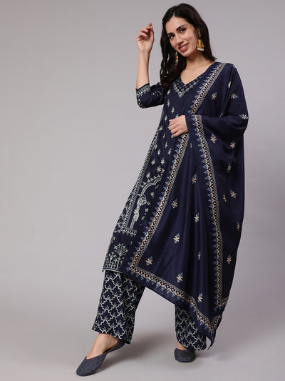 Navy Blue Digital Print Kurta Palazzo With Dupatta