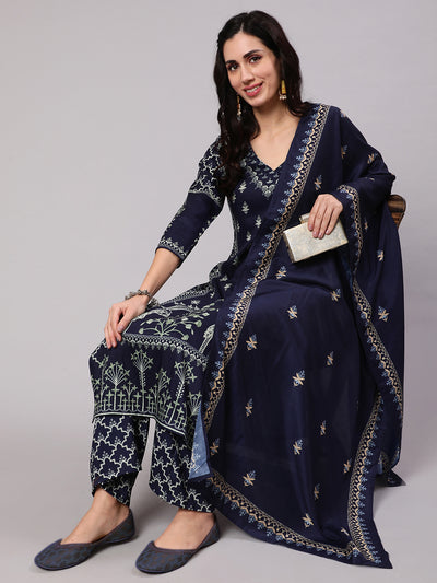 Navy Blue Digital Print Kurta Palazzo With Dupatta