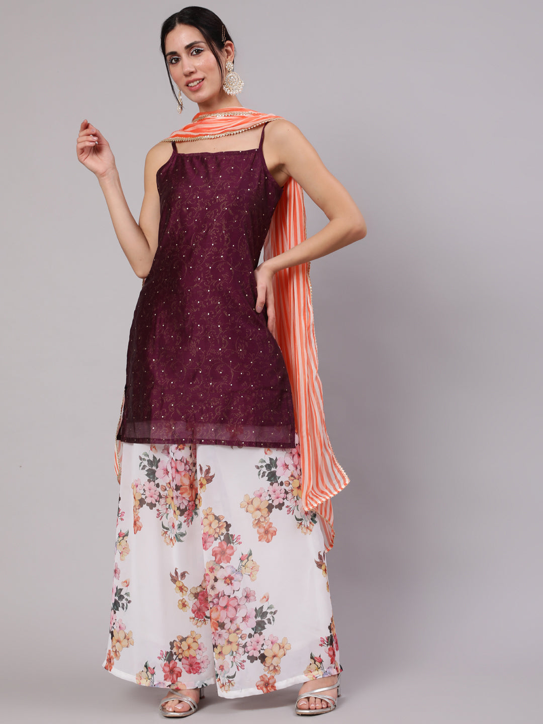 Purple Gold Print Kurta Palazzo With Dupatta