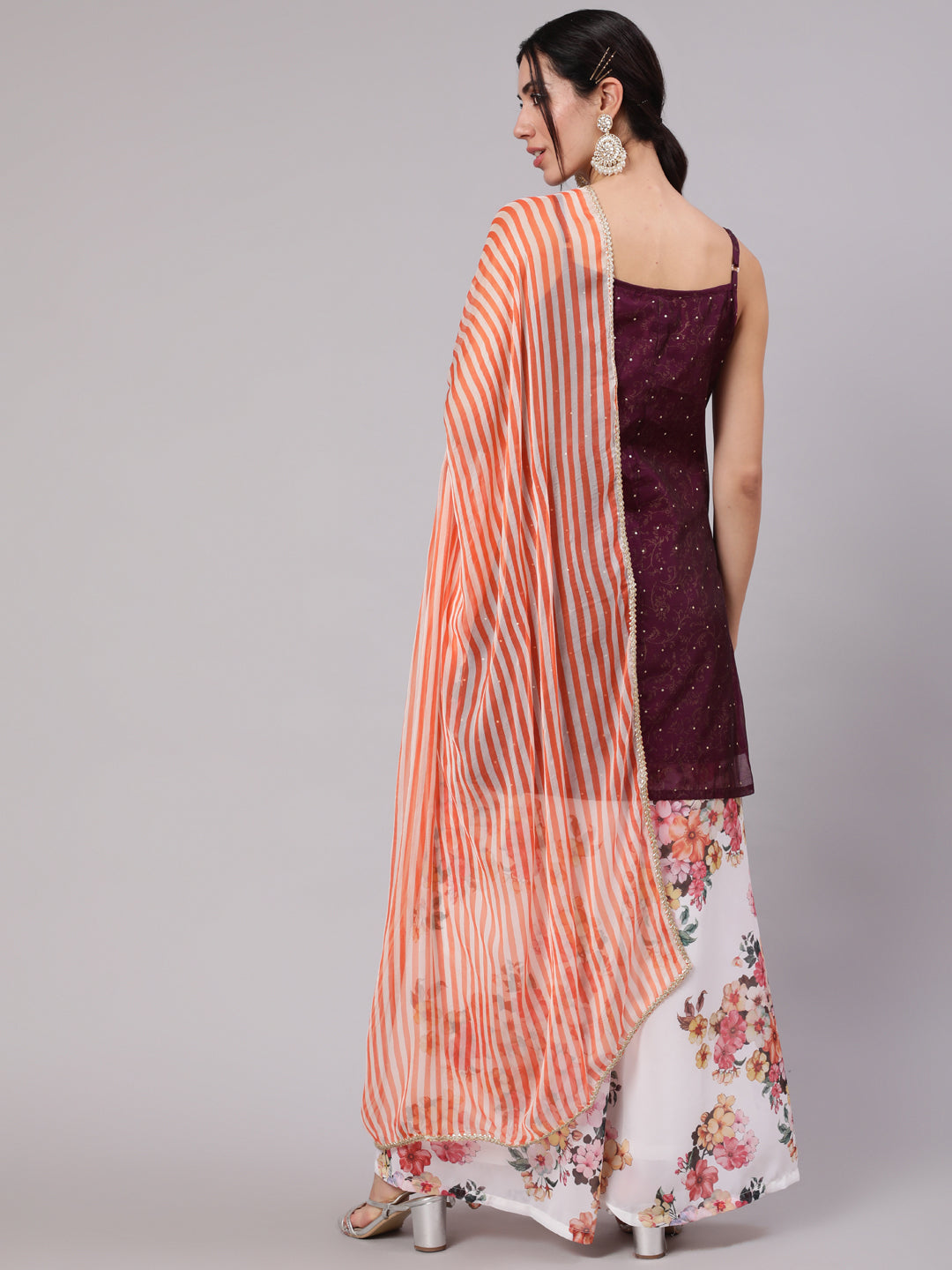 Purple Gold Print Kurta Palazzo With Dupatta