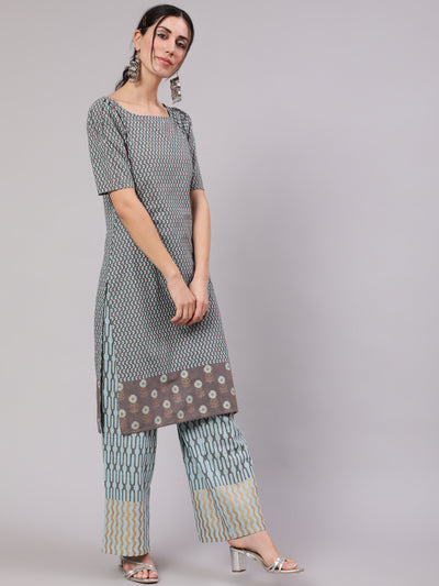 Grey & Blue Printed Cotton Kurta Set