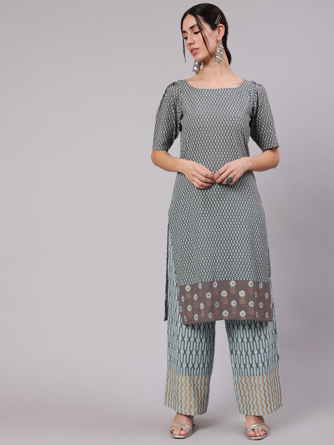 Grey & Blue Printed Cotton Kurta Set