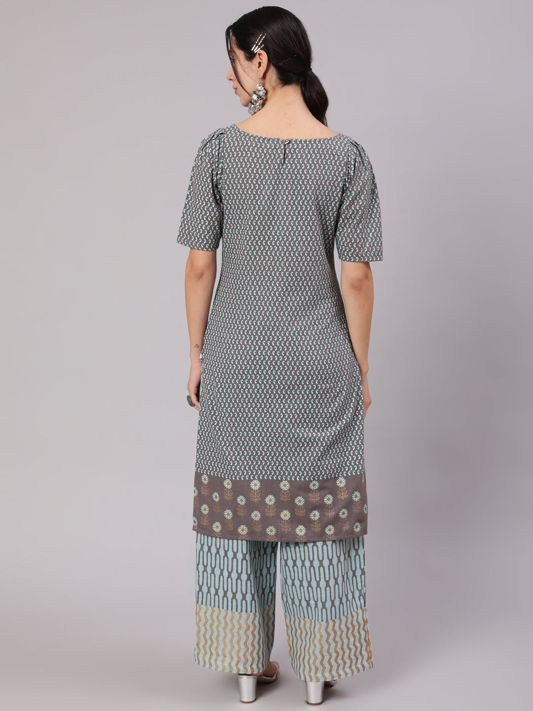 Grey & Blue Printed Cotton Kurta Set