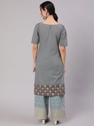 Grey & Blue Printed Cotton Kurta Set