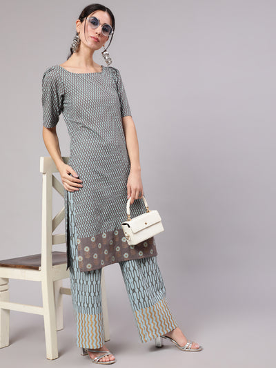 Grey & Blue Printed Cotton Kurta Set