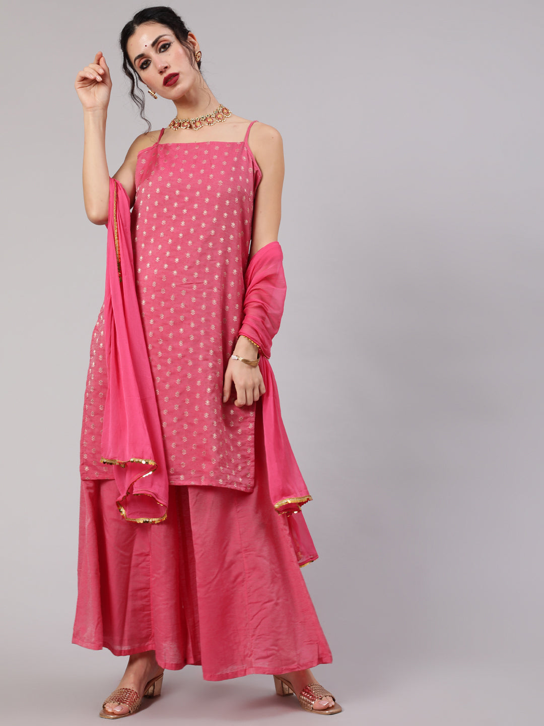 Pink Gold Zari Work Woven Design Kurta Palazzo With Dupatta