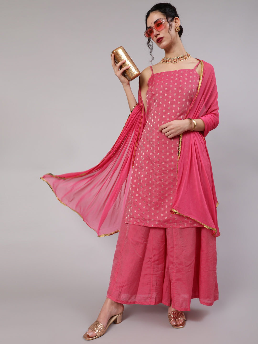 Pink Gold Zari Work Woven Design Kurta Palazzo With Dupatta