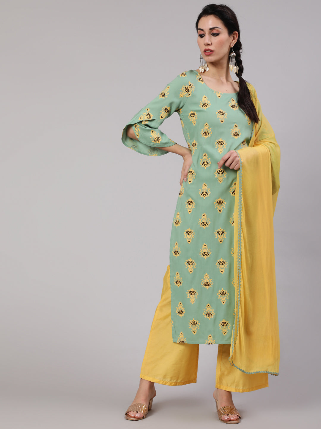 Green & Yellow Printed Kurta Palazzo With Dupatta