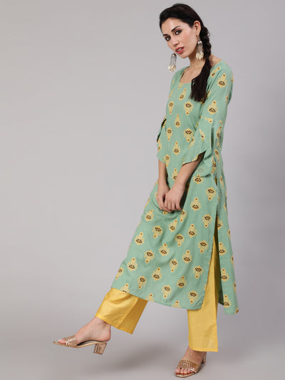 Green & Yellow Printed Kurta Palazzo With Dupatta