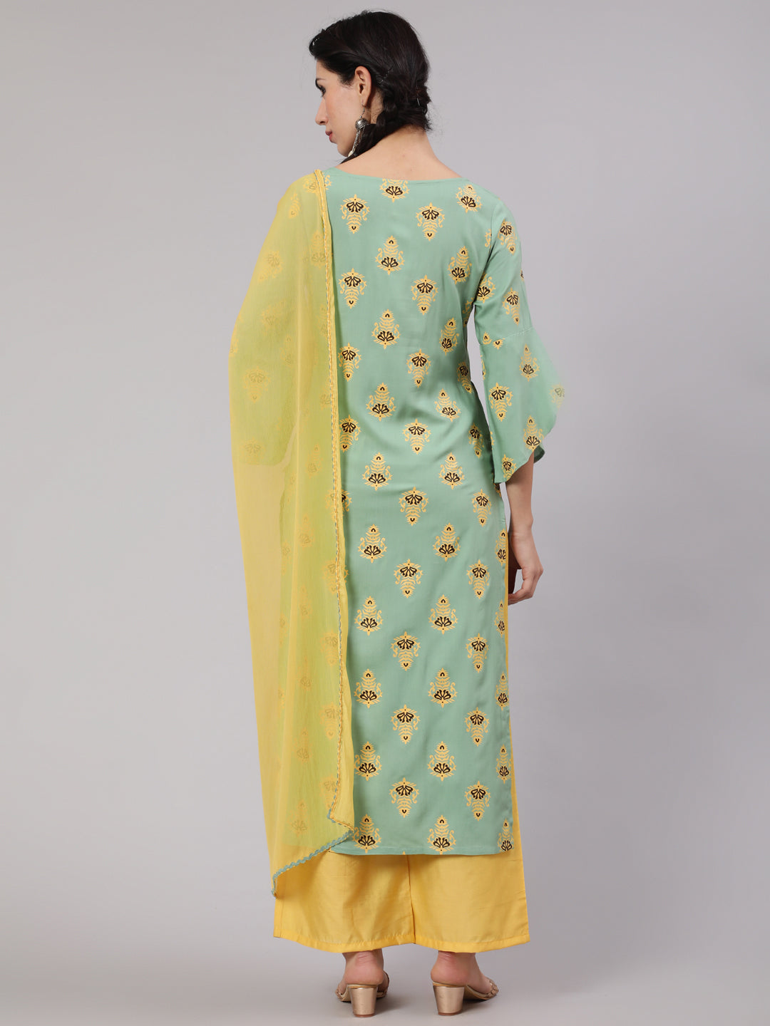 Green & Yellow Printed Kurta Palazzo With Dupatta