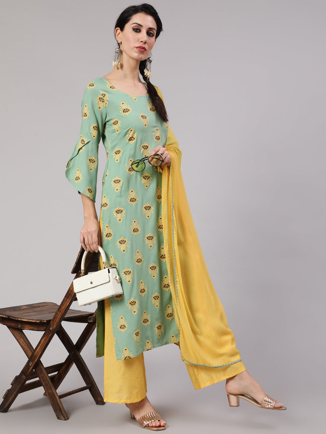 Green & Yellow Printed Kurta Palazzo With Dupatta