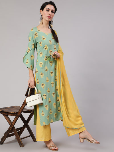 Green & Yellow Printed Kurta Palazzo With Dupatta