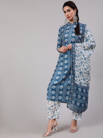 Blue Floral Print Kurta Pant With Dupatta