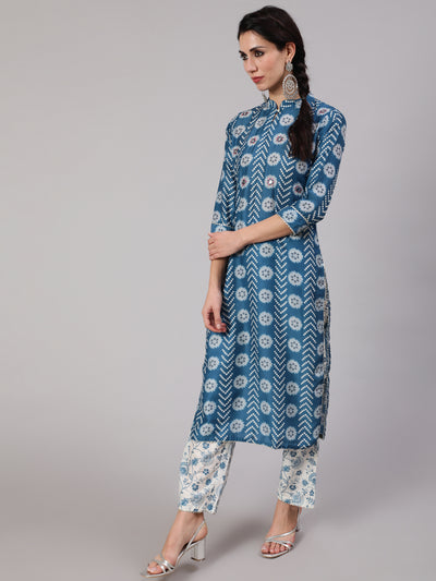 Blue Floral Print Kurta Pant With Dupatta