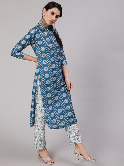 Blue Floral Print Kurta Pant With Dupatta