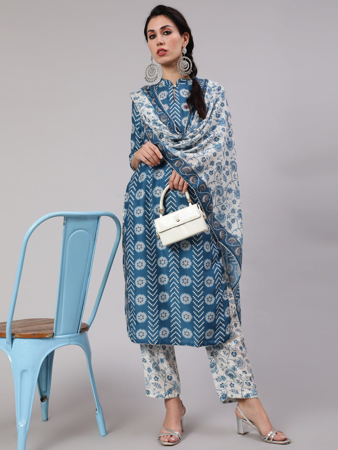 Blue Floral Print Kurta Pant With Dupatta