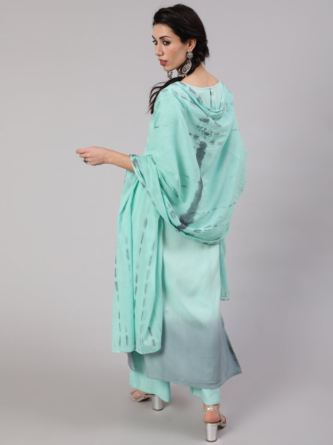 Green & Grey Tie & Dye Kurta Palazzo With Dupatta