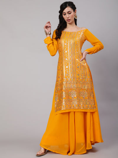 Yellow Sequin Kurta With Flared Skirt