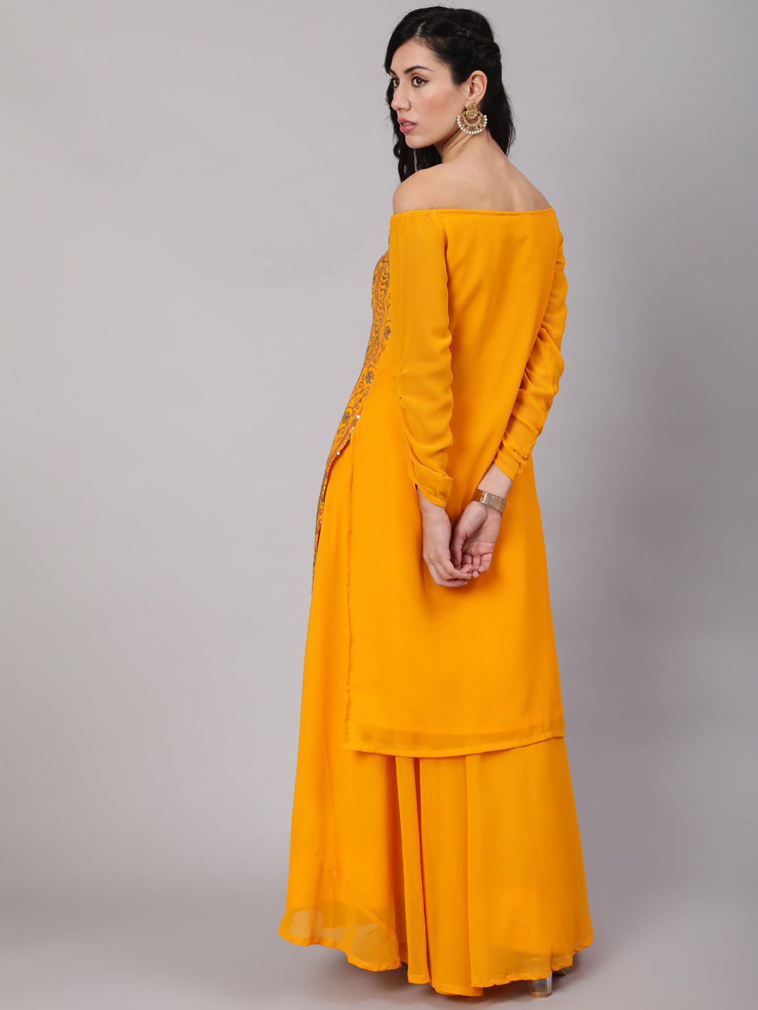 Yellow Sequin Kurta With Flared Skirt