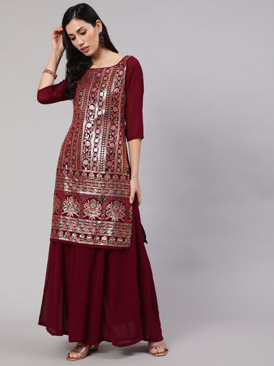 Burgundy Sequin Kurta With Flared Palazzo