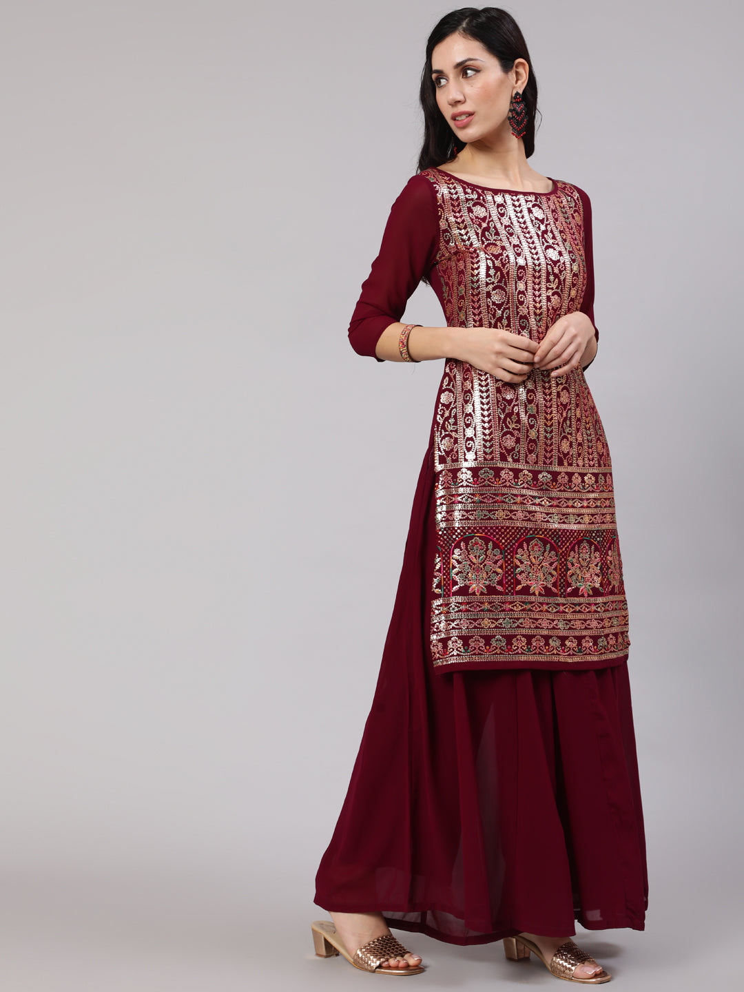 Burgundy Sequin Kurta With Flared Palazzo