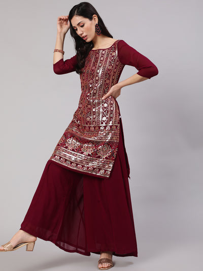 Burgundy Sequin Kurta With Flared Palazzo