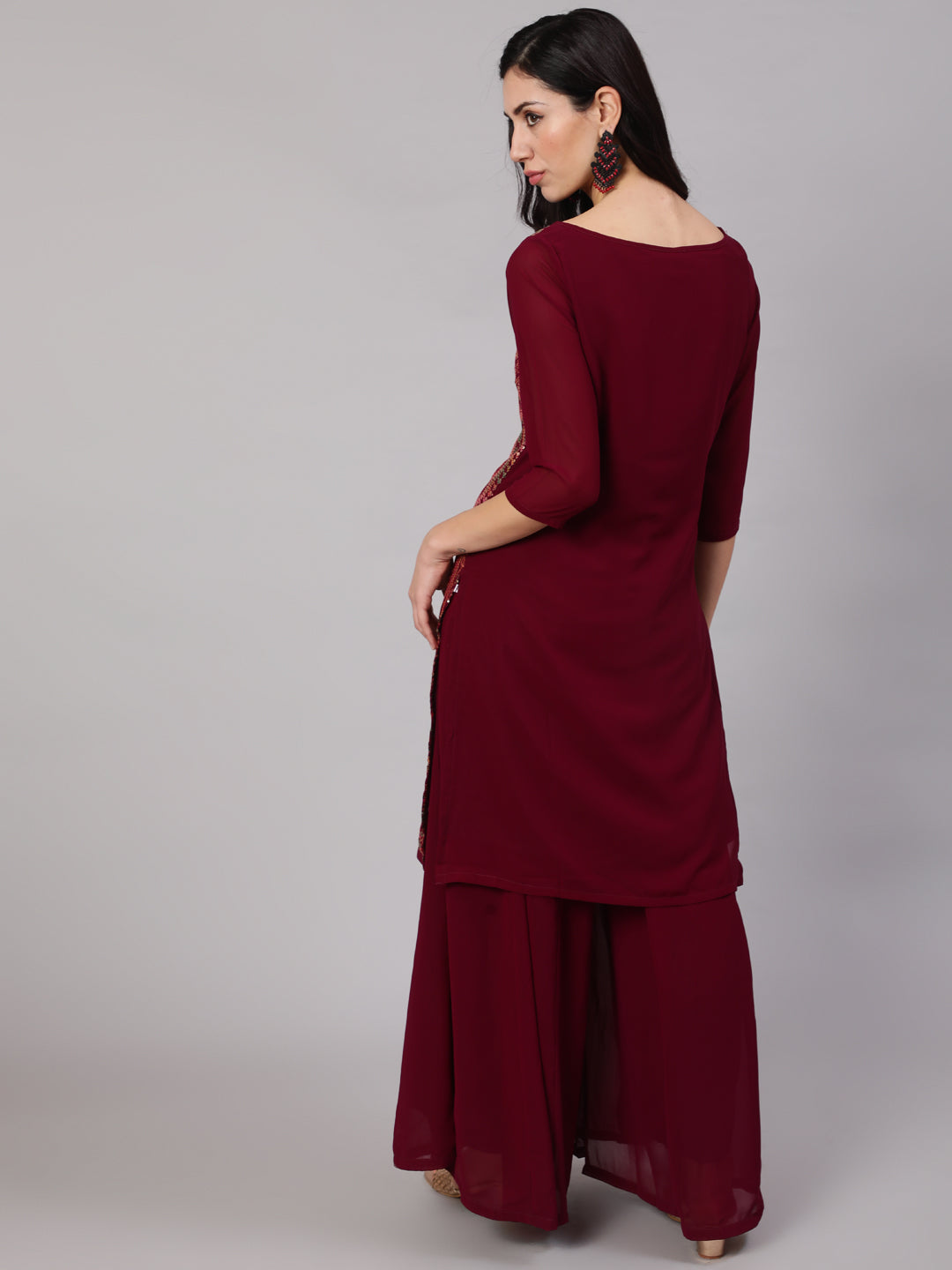 Burgundy Sequin Kurta With Flared Palazzo