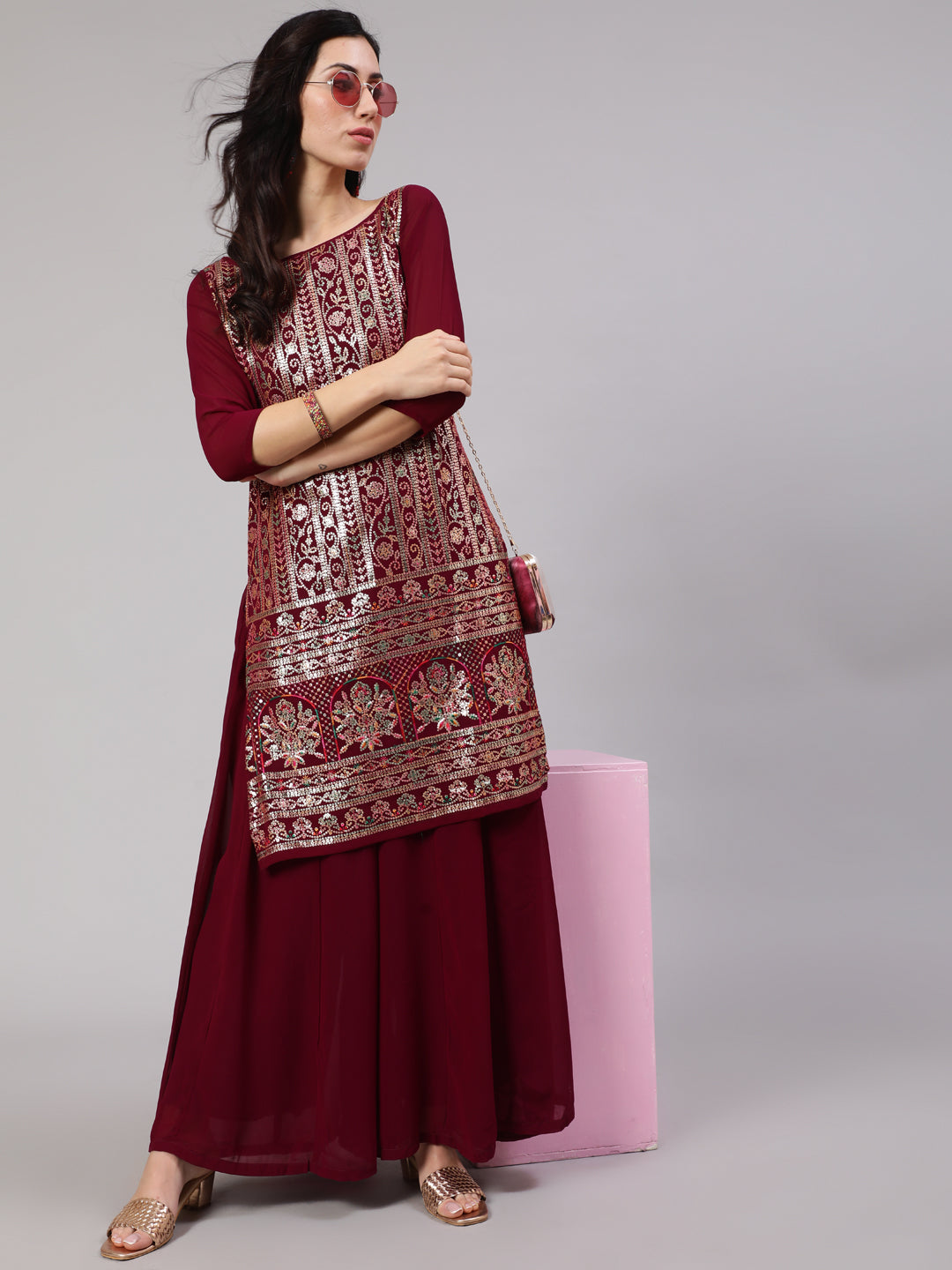 Burgundy Sequin Kurta With Flared Palazzo