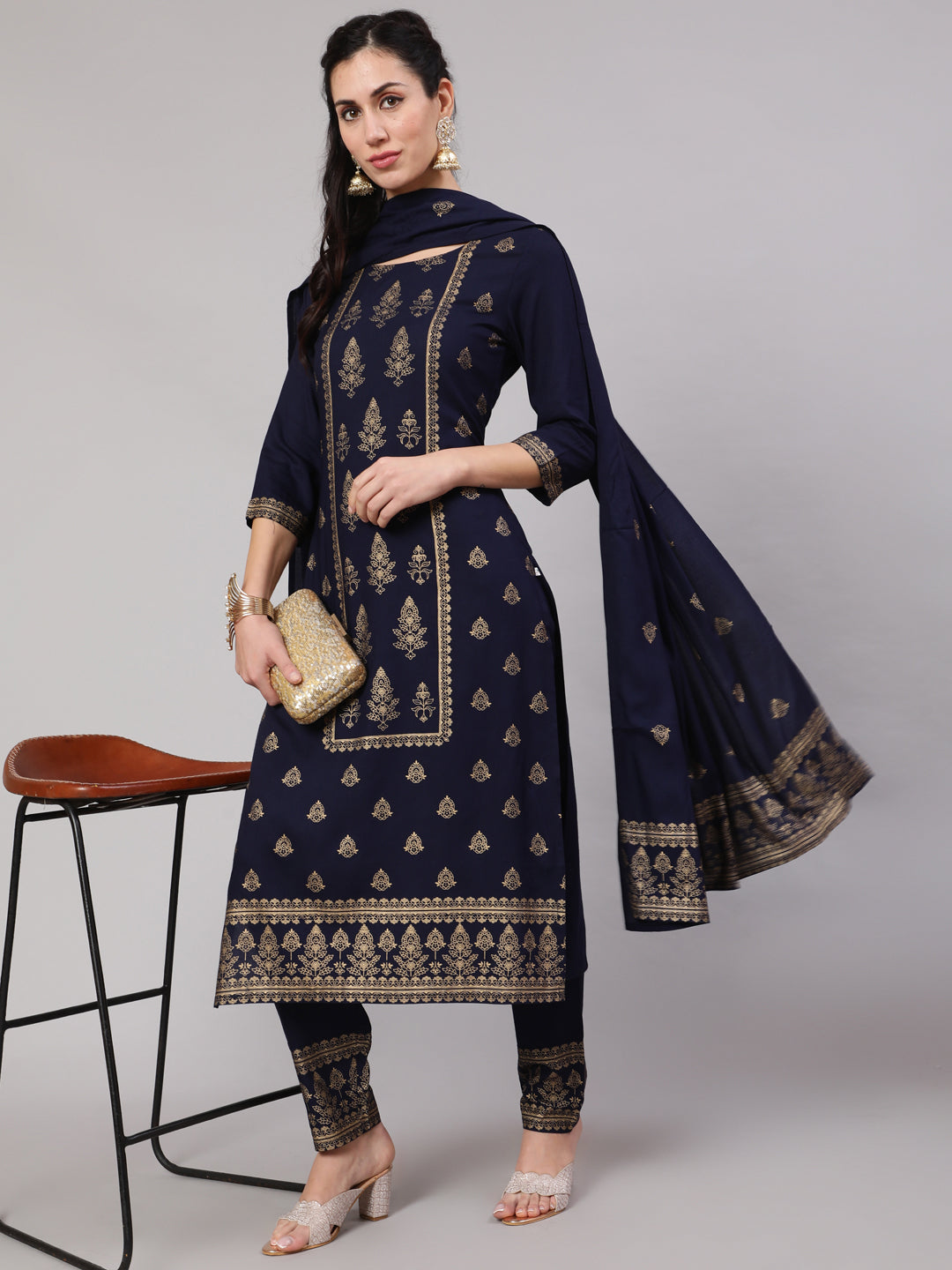 Navy Blue Gold Print Kurta Pant With Dupatta