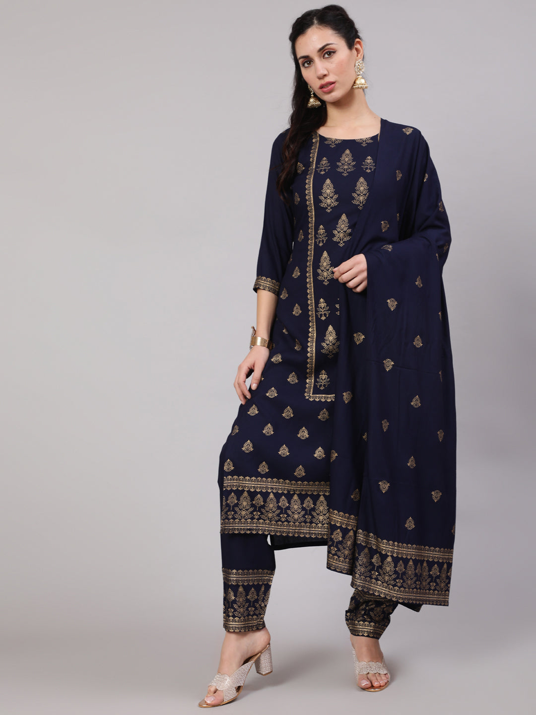 Navy Blue Gold Print Kurta Pant With Dupatta