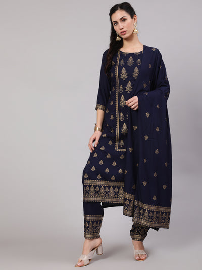 Navy Blue Gold Print Kurta Pant With Dupatta