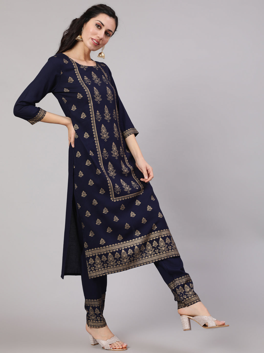 Navy Blue Gold Print Kurta Pant With Dupatta