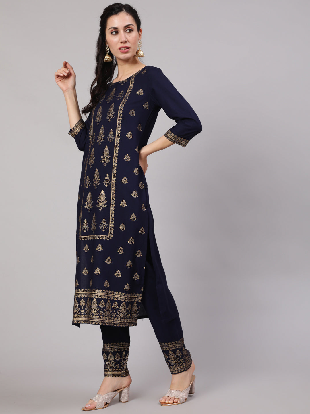 Navy Blue Gold Print Kurta Pant With Dupatta