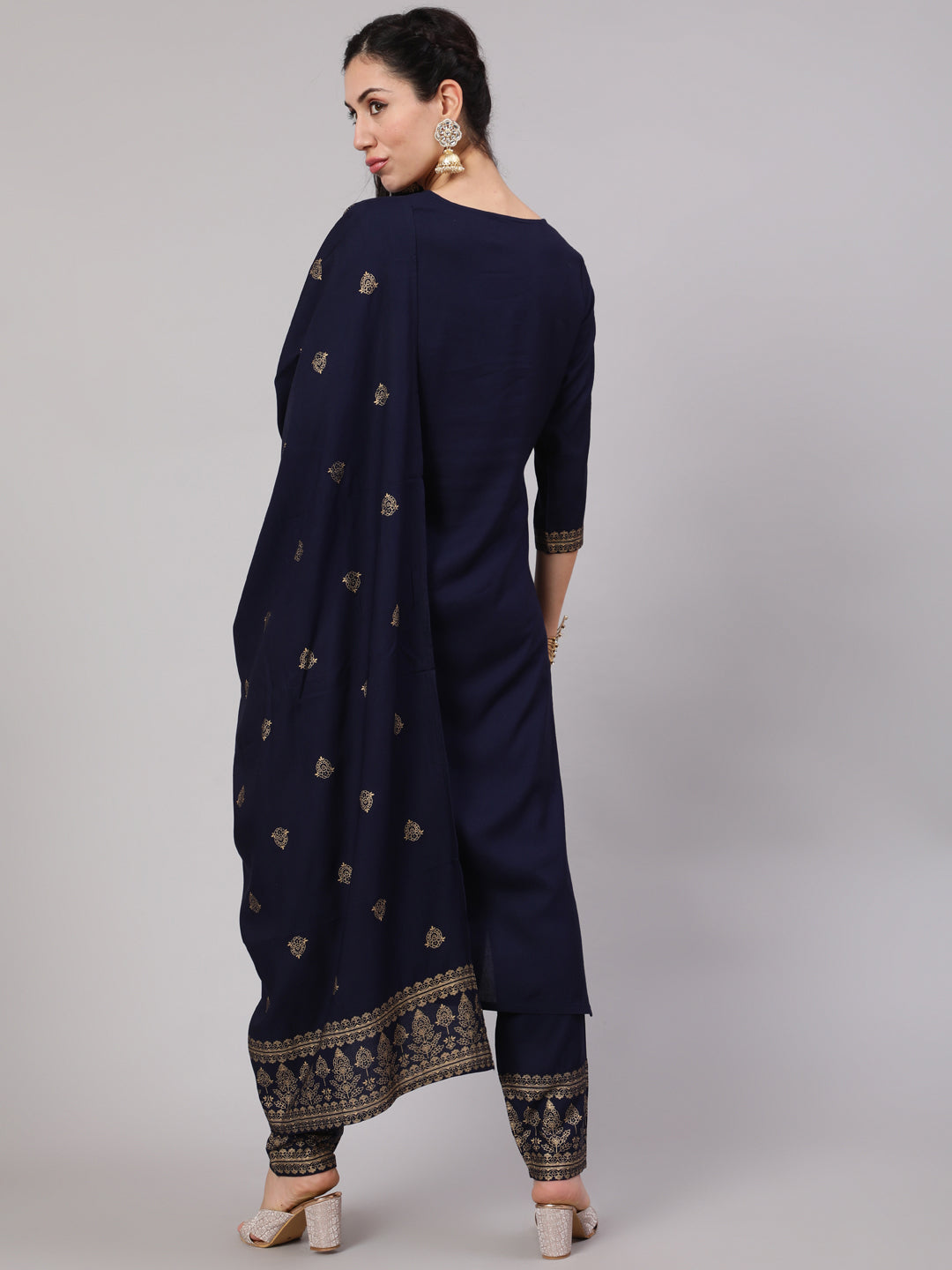 Navy Blue Gold Print Kurta Pant With Dupatta