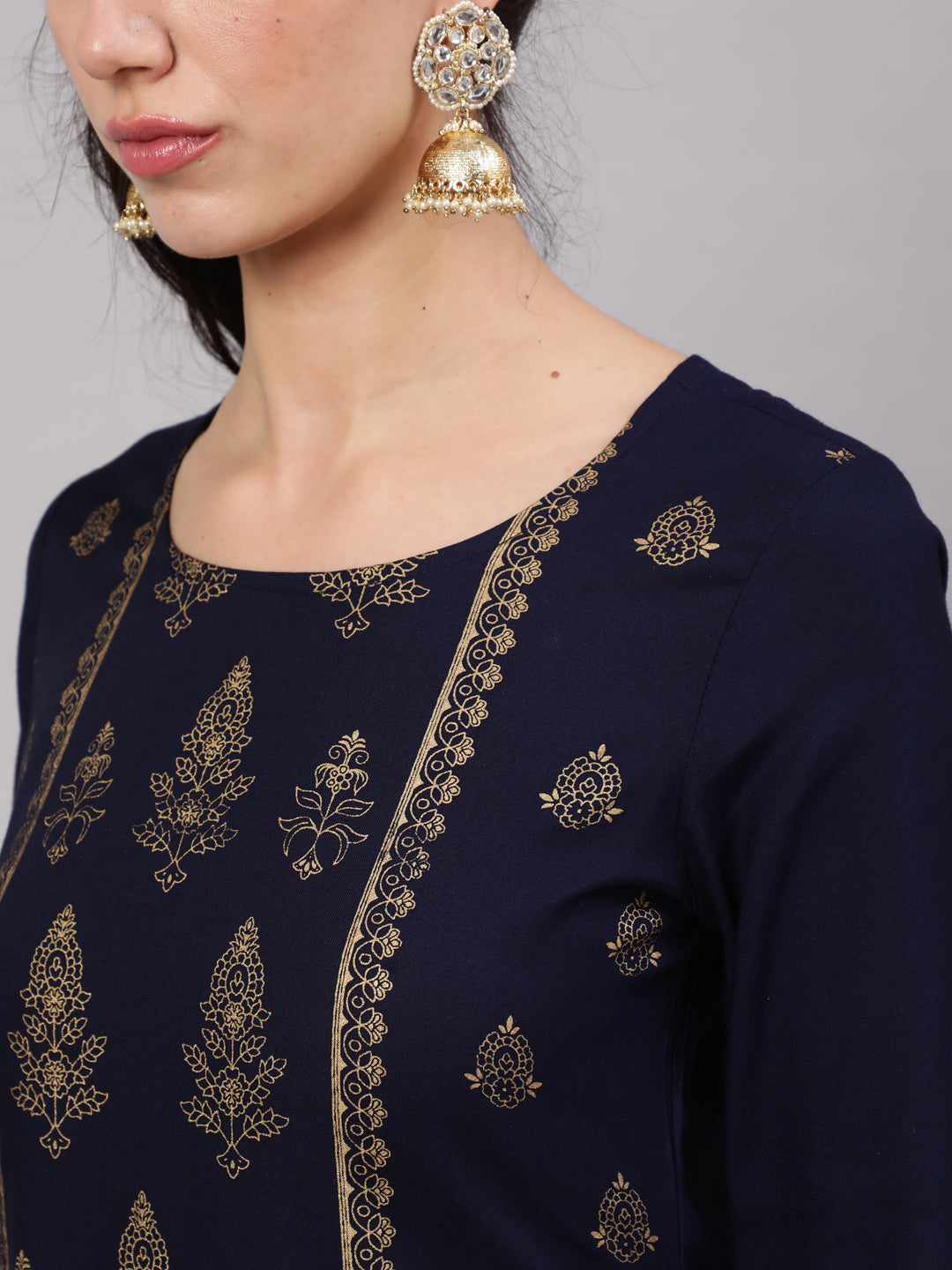 Navy Blue Gold Print Kurta Pant With Dupatta