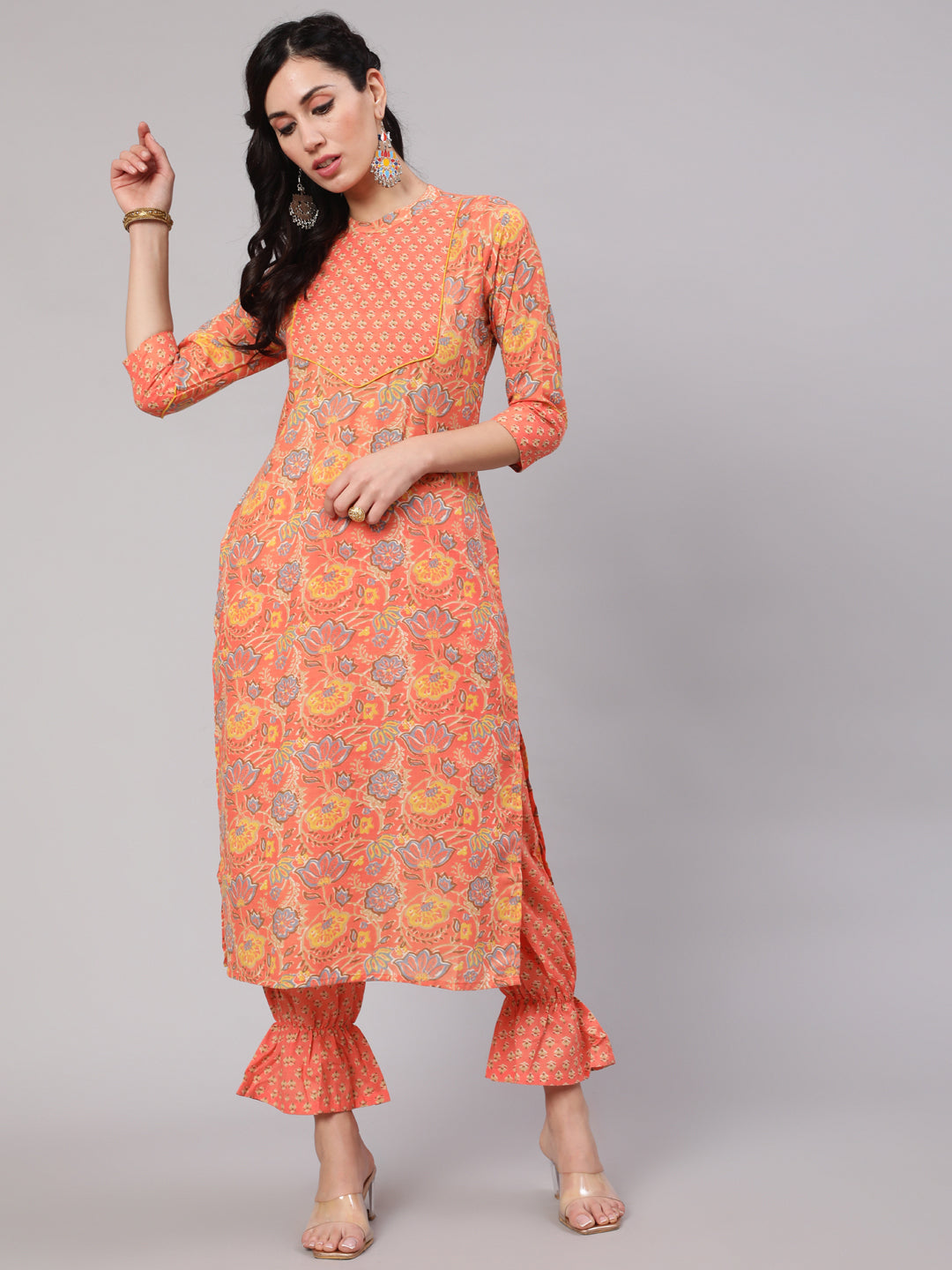 Peach Floral Print Kurta With Balloon Pant