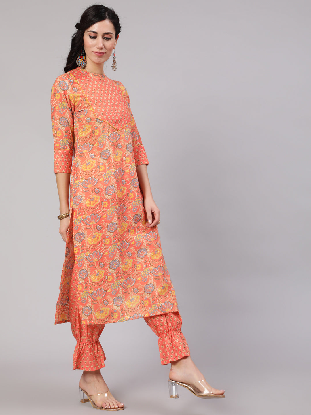 Peach Floral Print Kurta With Balloon Pant