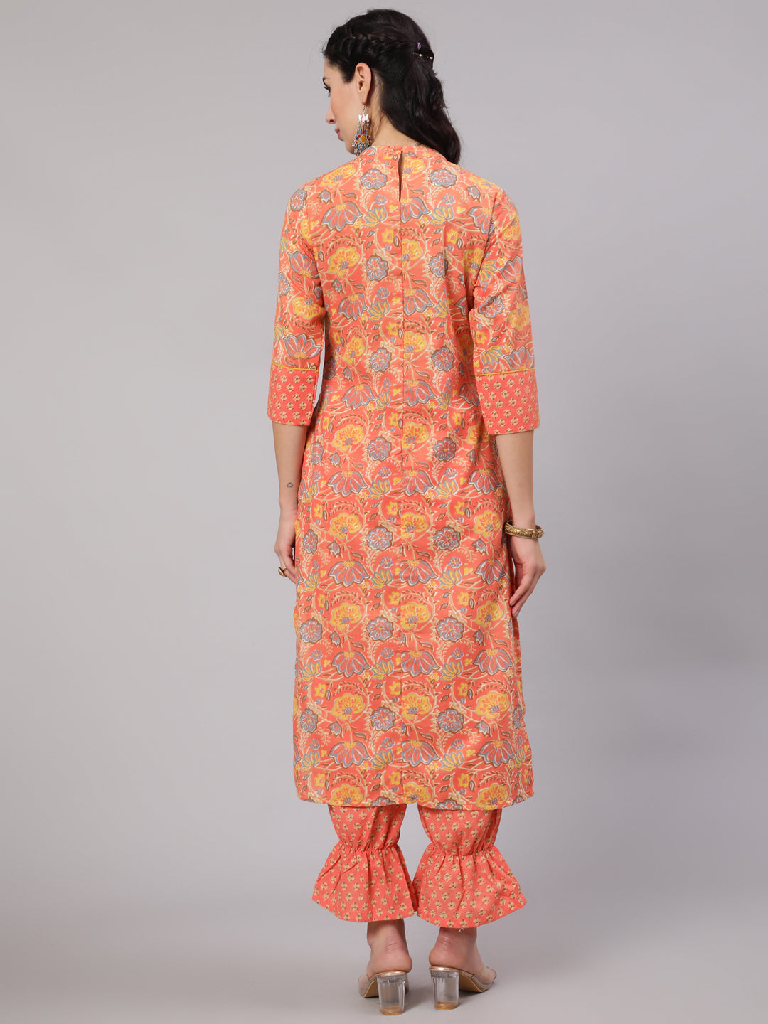 Peach Floral Print Kurta With Balloon Pant