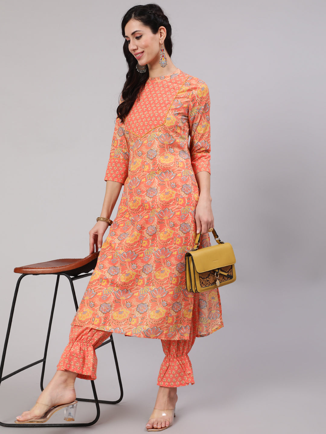 Peach Floral Print Kurta With Balloon Pant