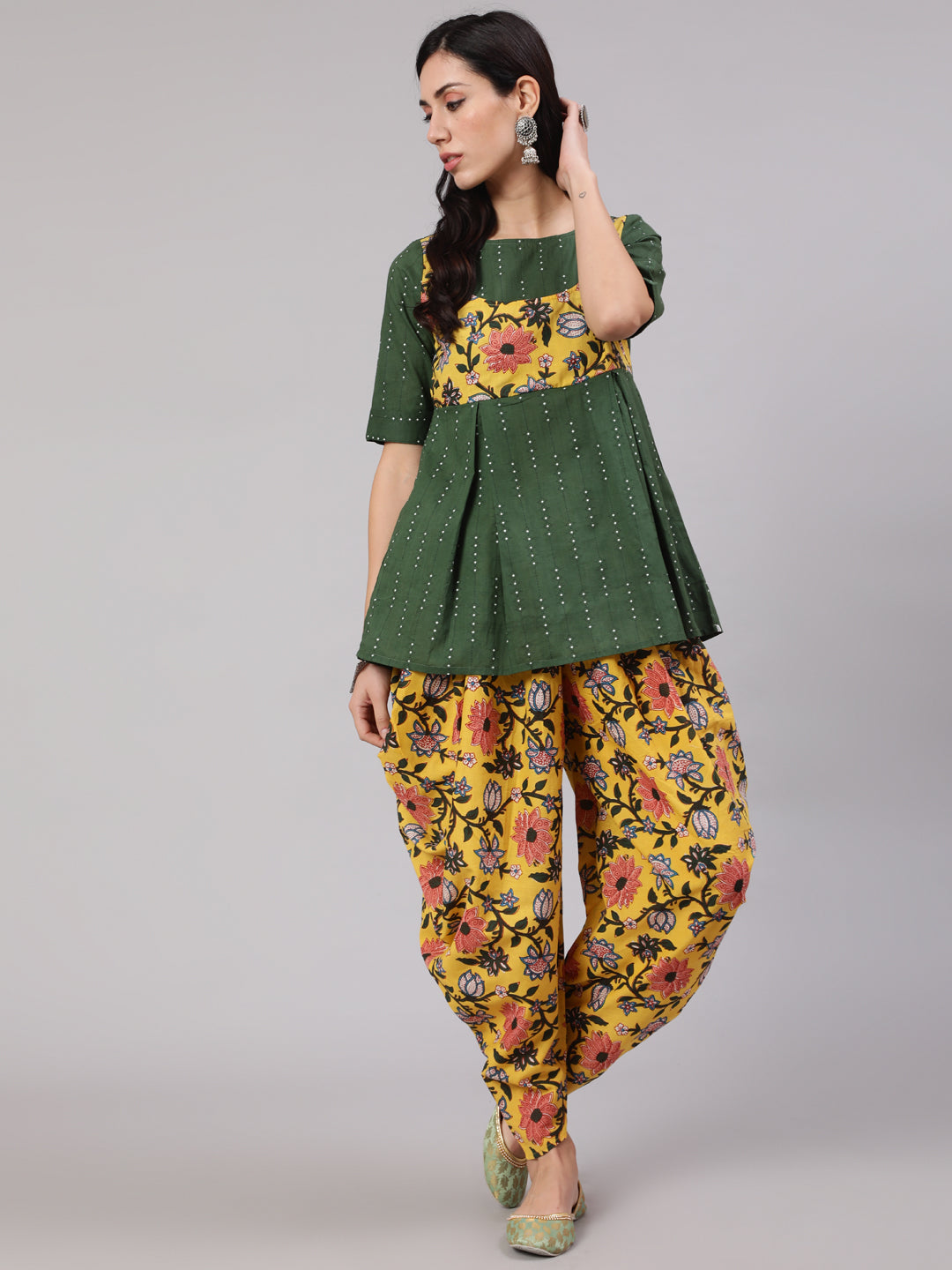 Green & Yellow Floral Print Dhoti Co Ord Set
