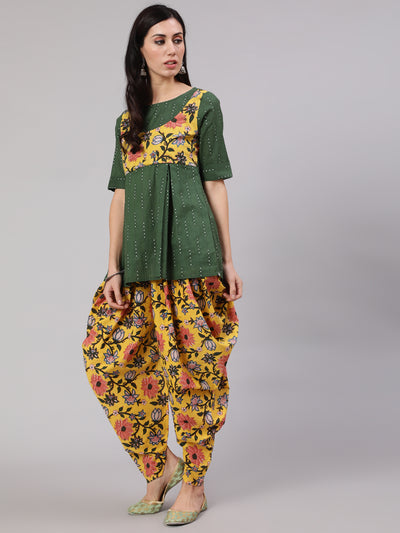 Green & Yellow Floral Print Dhoti Co Ord Set