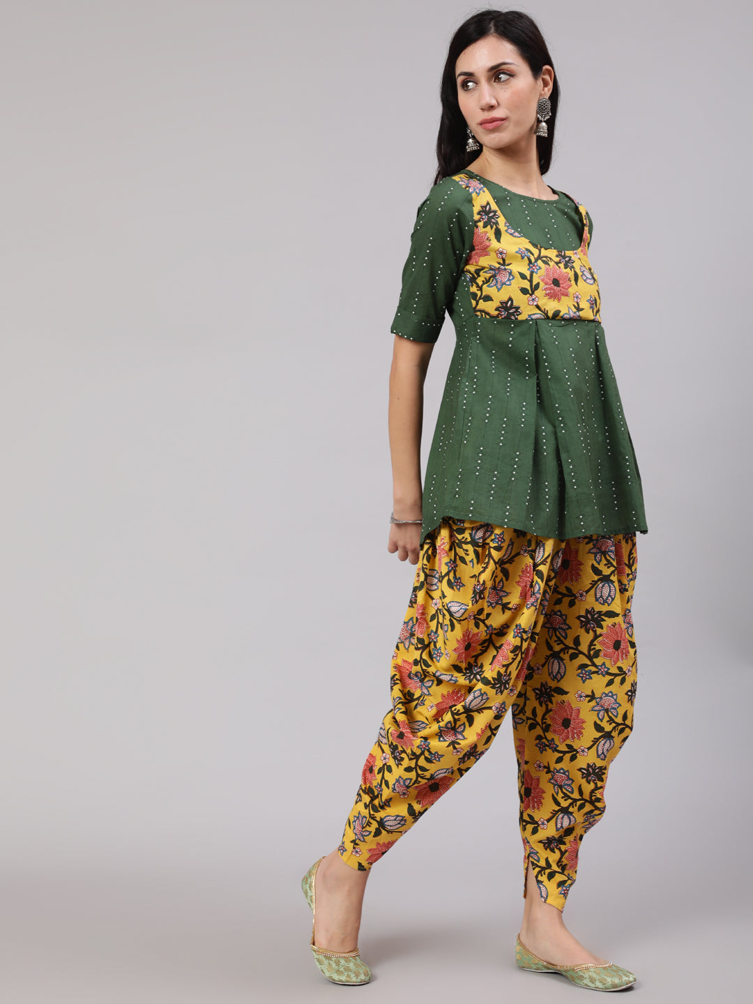 Green & Yellow Floral Print Dhoti Co Ord Set