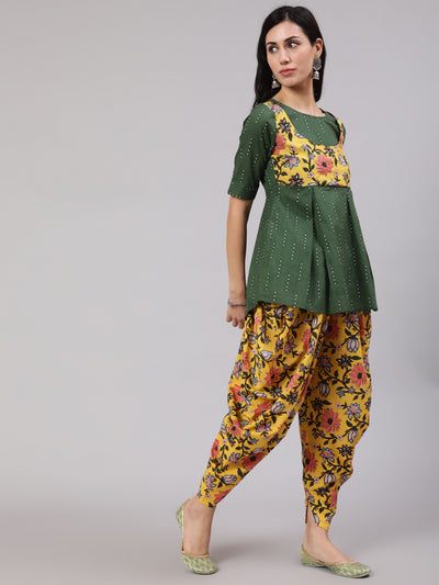 Green & Yellow Floral Print Dhoti Co Ord Set